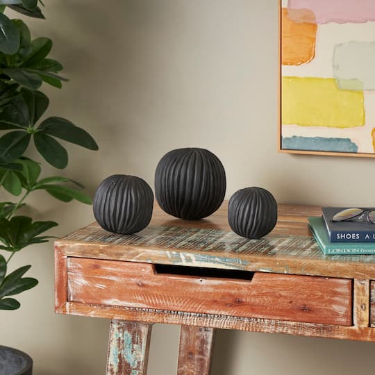 Black Teak Wood Carved Orbs Set